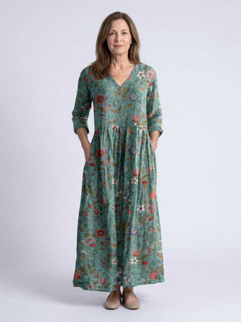 Marina | Vestido Maxi Floral de Manga Tres Cuartos y Escote en V