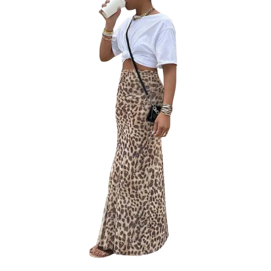 THORA™: falda midi de corte sirena con estampado de leopardo salvaje