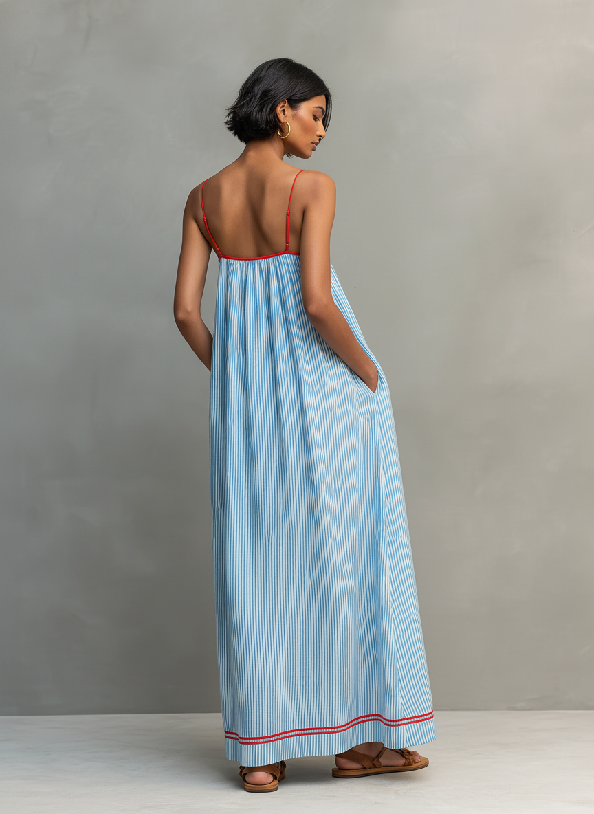 Flavia | Vestido maxi listrado minimalista feminino