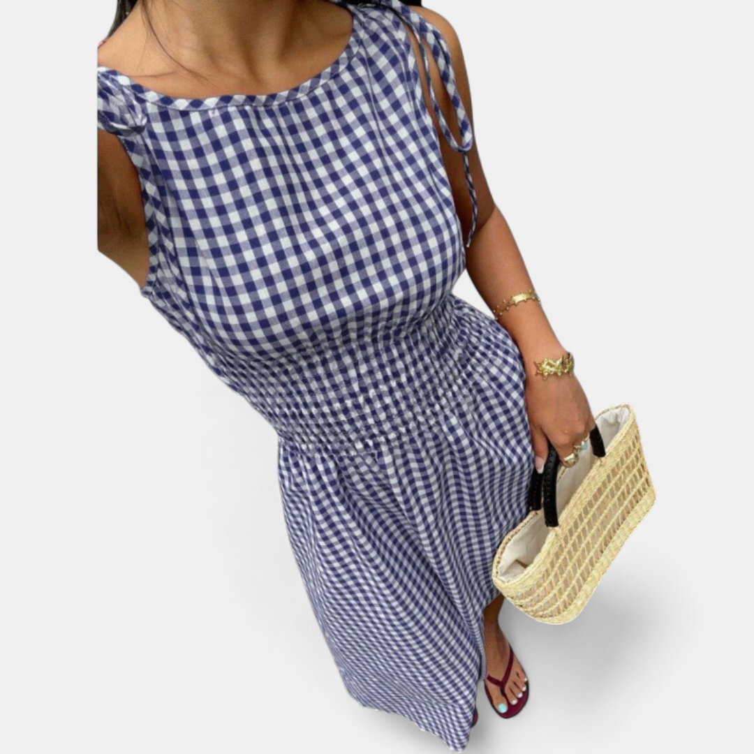 PERNETTE™ – Vestido midi de vichy con cintura fruncida