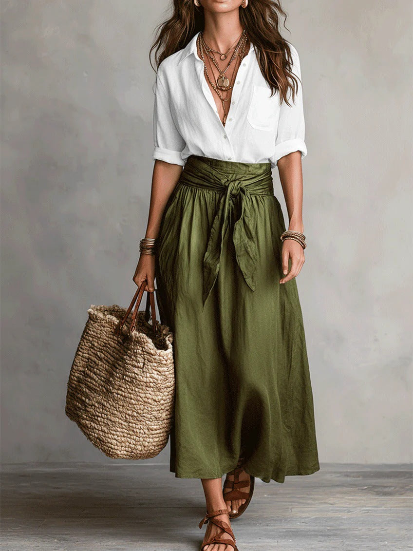RIVER | Conjunto de Dos Piezas: Top Negro y Falda Midi Verde Oliva