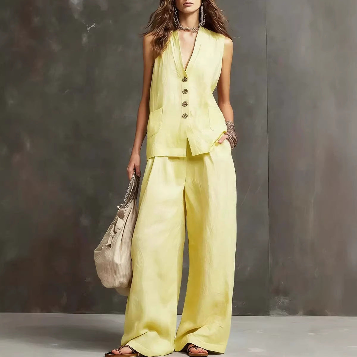 Conjunto de Dos Piezas en Algodón y Lino con Chaleco Sin Mangas y Pantalón de Pierna Ancha