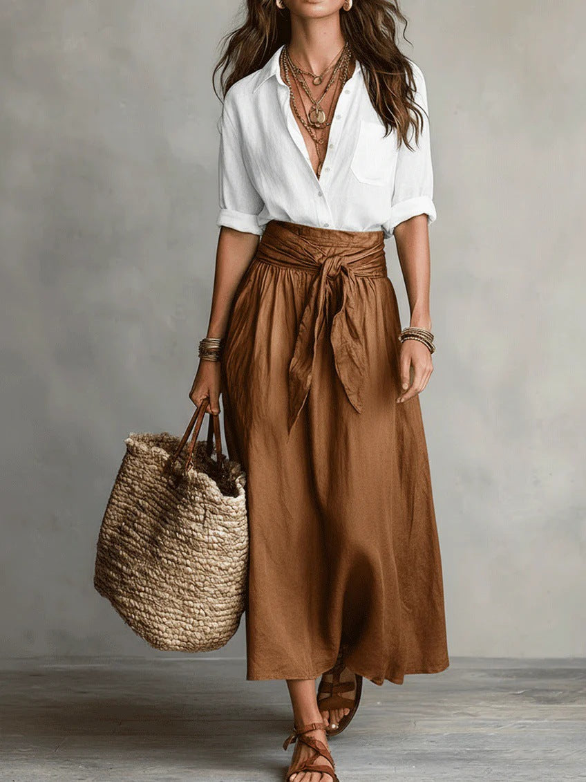 RIVER | Conjunto de Dos Piezas: Top Negro y Falda Midi Verde Oliva