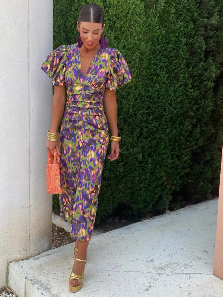 Adriana | Vestido Midi Plisado con Mangas Abullonadas
