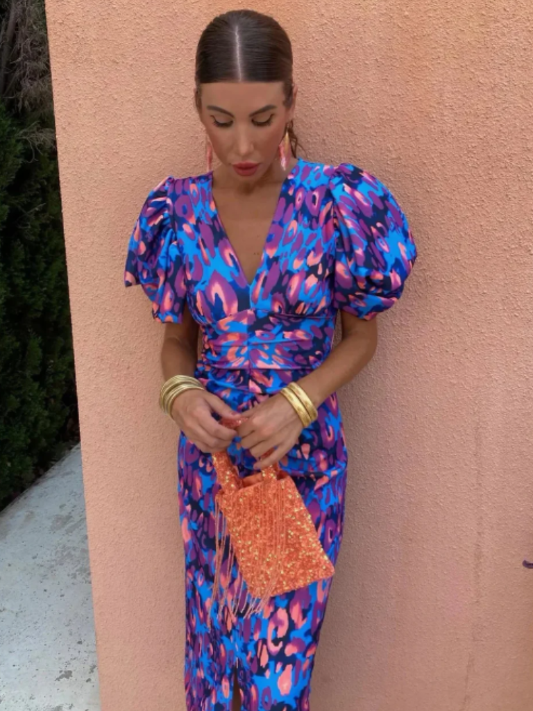Adriana | Vestido Midi Plisado con Mangas Abullonadas