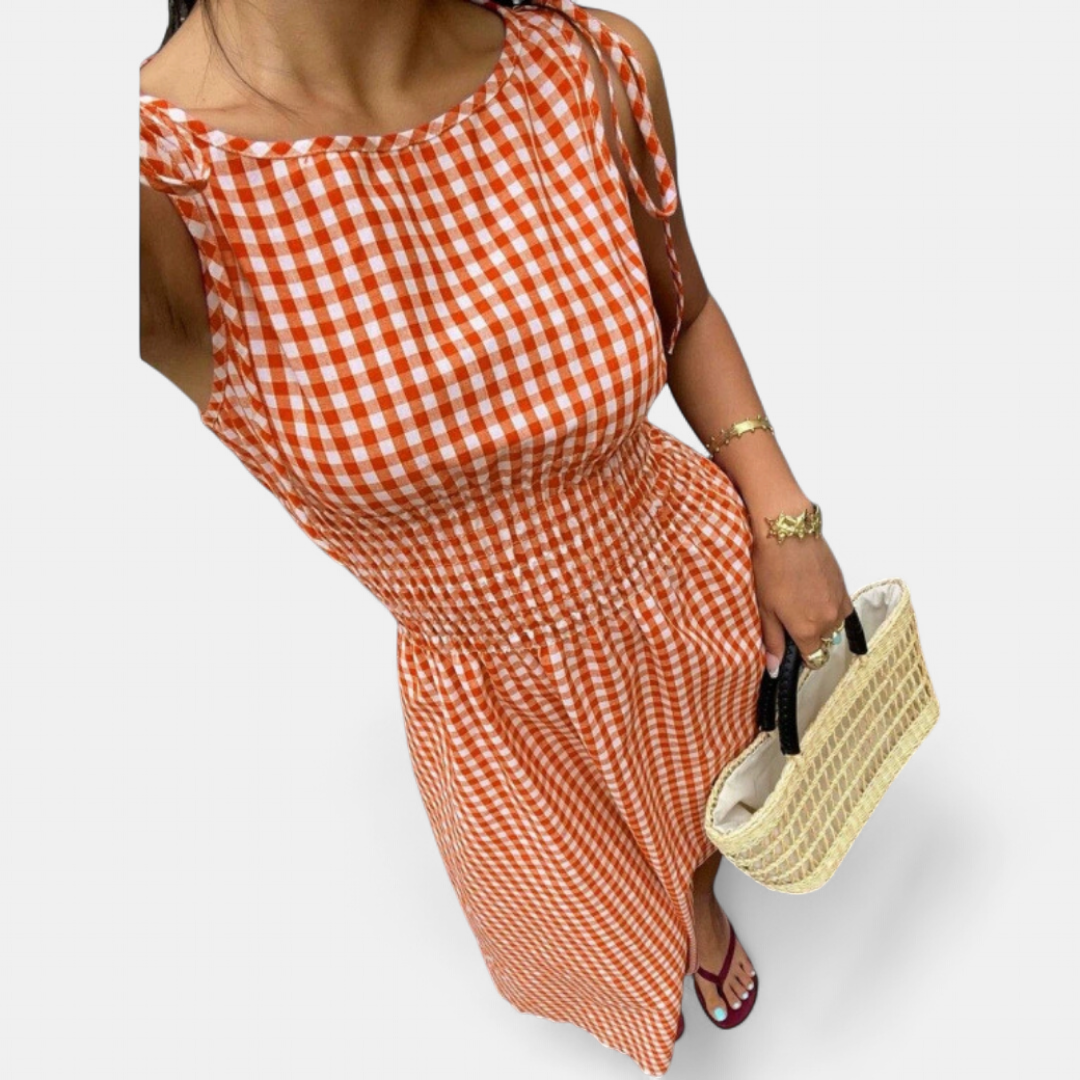 PERNETTE™ – Vestido midi de vichy con cintura fruncida
