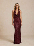 Vestido largo de lentejuelas con escote halter