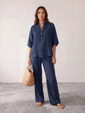 Conjunto de lino con mangas murciélago y pantalón ancho