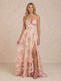 Vestido largo con escote halter y abertura