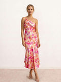 Vestido midi estampado con escote asimétrico