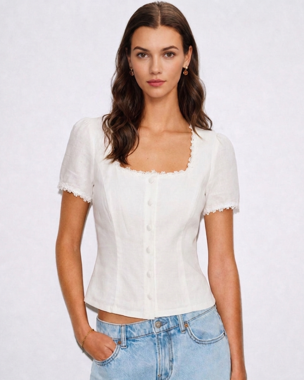 Blusa Blanca Cuello Cuadrado Botones Encaje