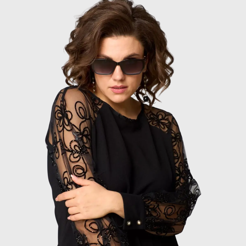 Lauren™: vestido midi negro elegante con mangas de encaje