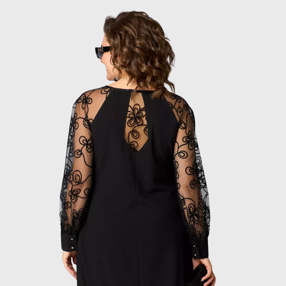 Lauren™: vestido midi negro elegante con mangas de encaje
