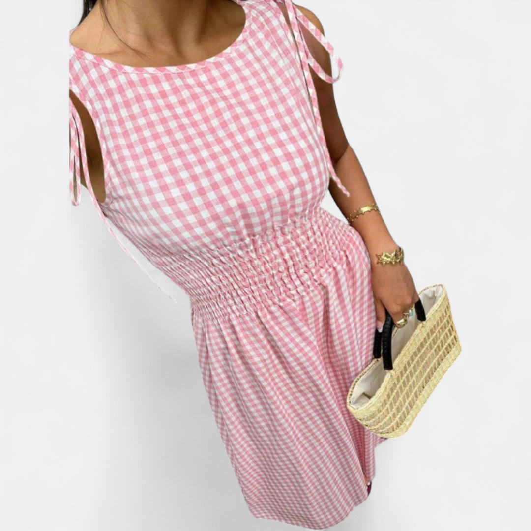 PERNETTE™ – Vestido midi de vichy con cintura fruncida