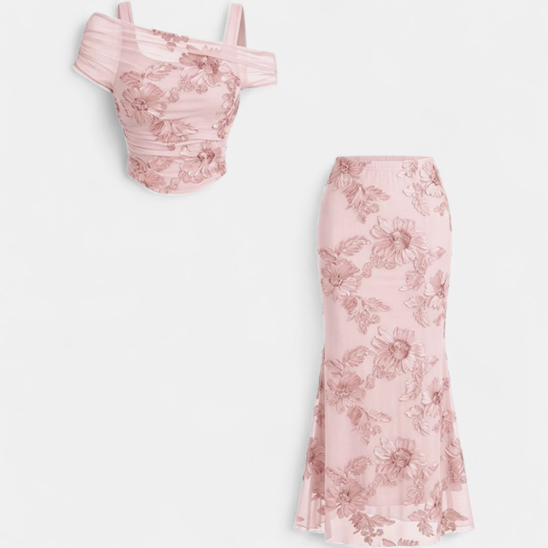 Conjunto de vestido largo de sirena en malla bordada, escote off-shoulder, para mujer