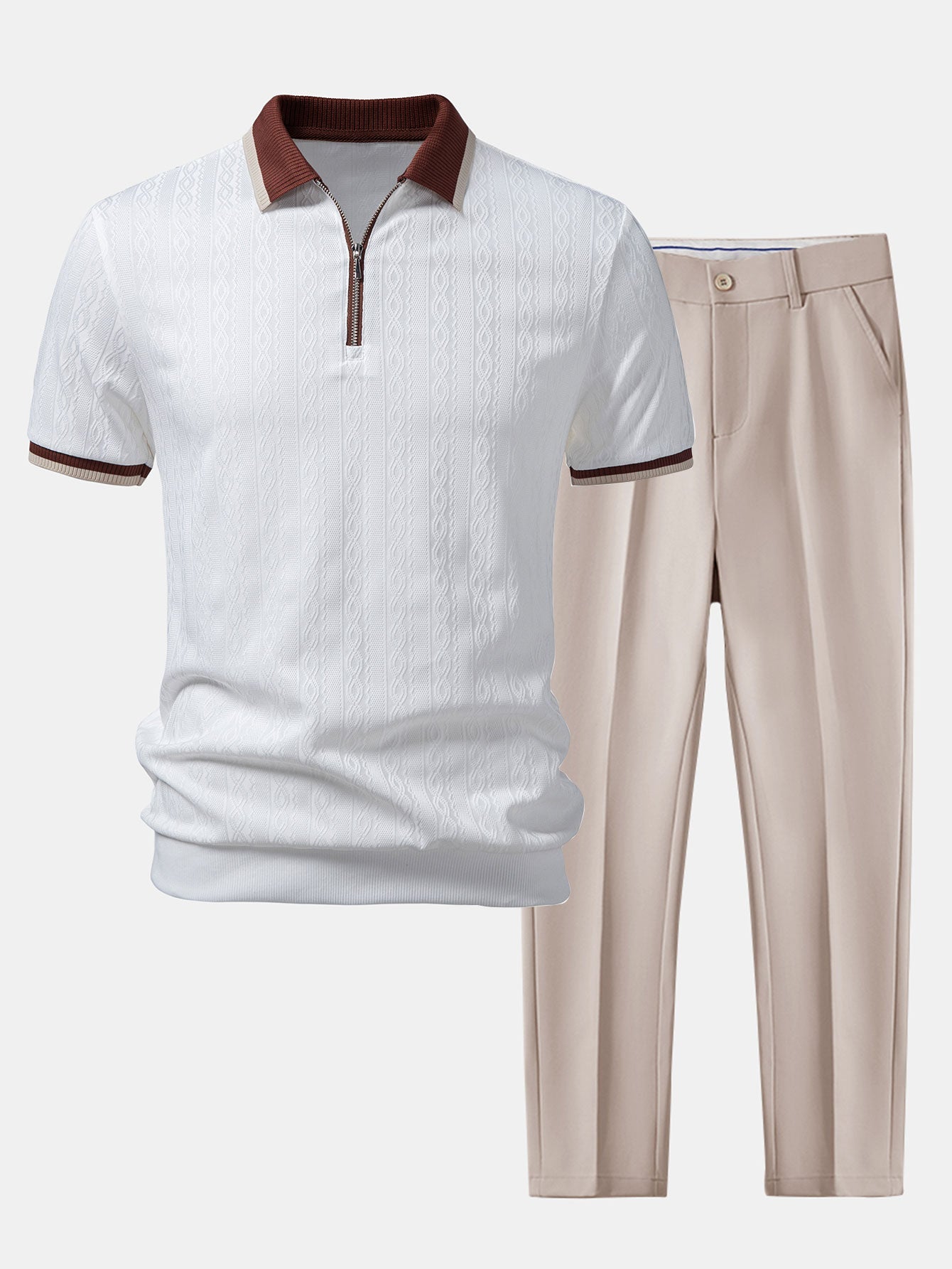 Polo de punto con cremallera texturizada y ribetes en contraste y pantalones ajustados de corte cónico