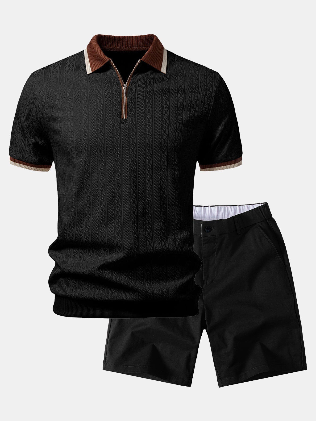 Polo de punto con cremallera texturizada y ribetes en contraste y pantalones cortos chino con cintura elástica
