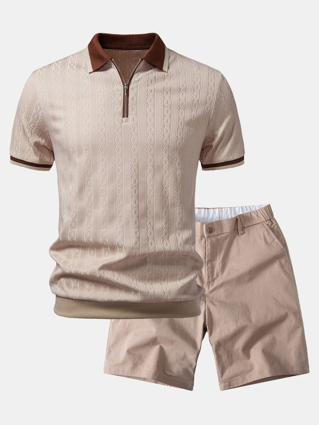 Polo de punto con cremallera texturizada y ribetes en contraste y pantalones cortos chino con cintura elástica
