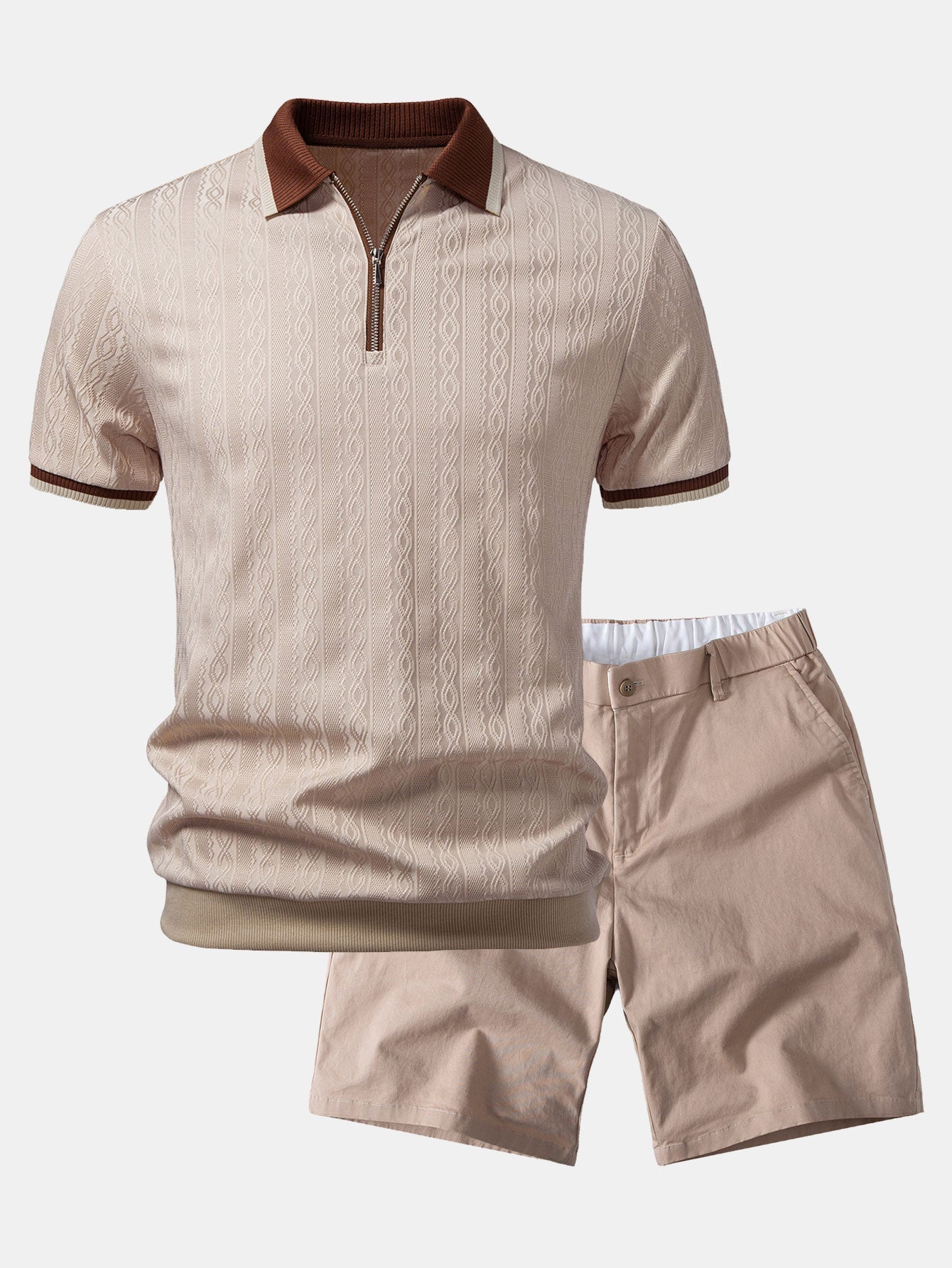 Polo de punto con cremallera texturizada y ribetes en contraste y pantalones cortos chino con cintura elástica