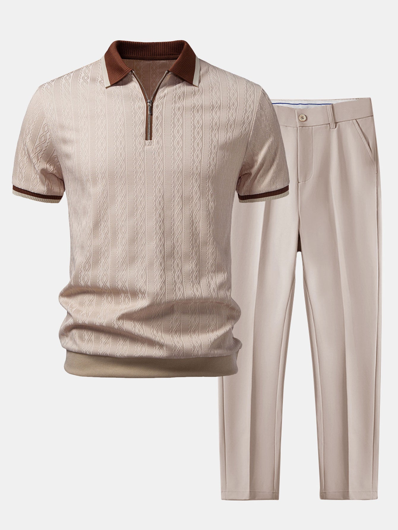 Polo de punto con cremallera texturizada y ribetes en contraste y pantalones ajustados de corte cónico