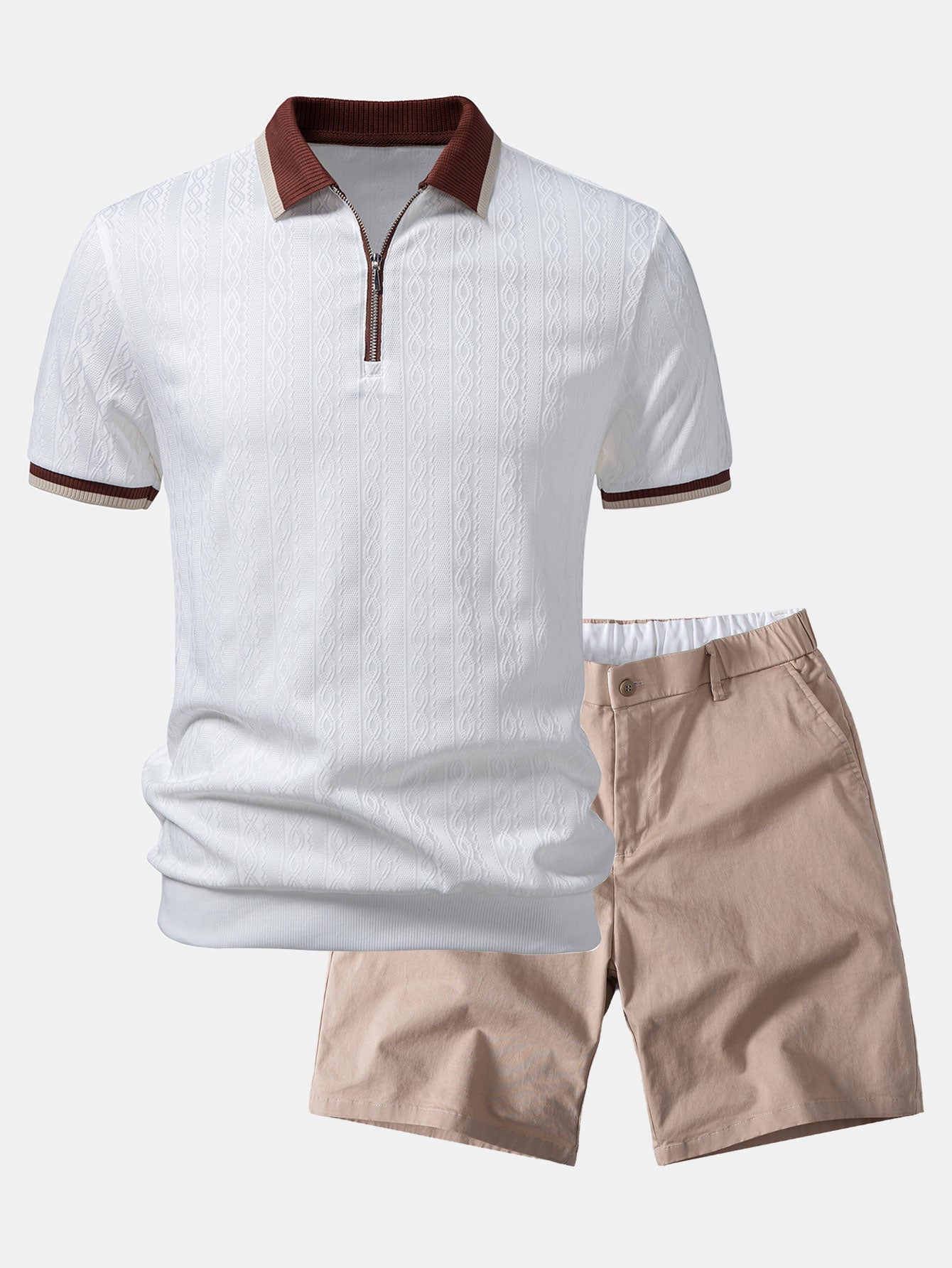 Polo de punto con cremallera texturizada y ribetes en contraste y pantalones cortos chino con cintura elástica