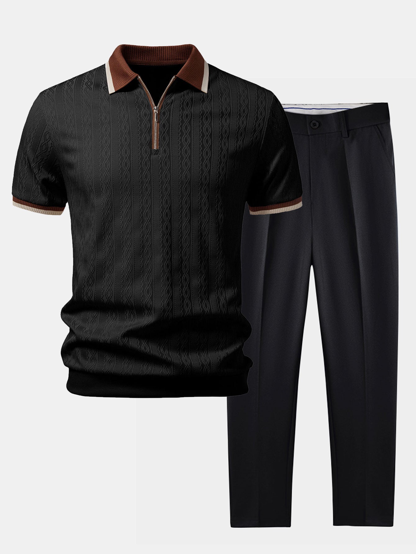 Polo de punto con cremallera texturizada y ribetes en contraste y pantalones ajustados de corte cónico