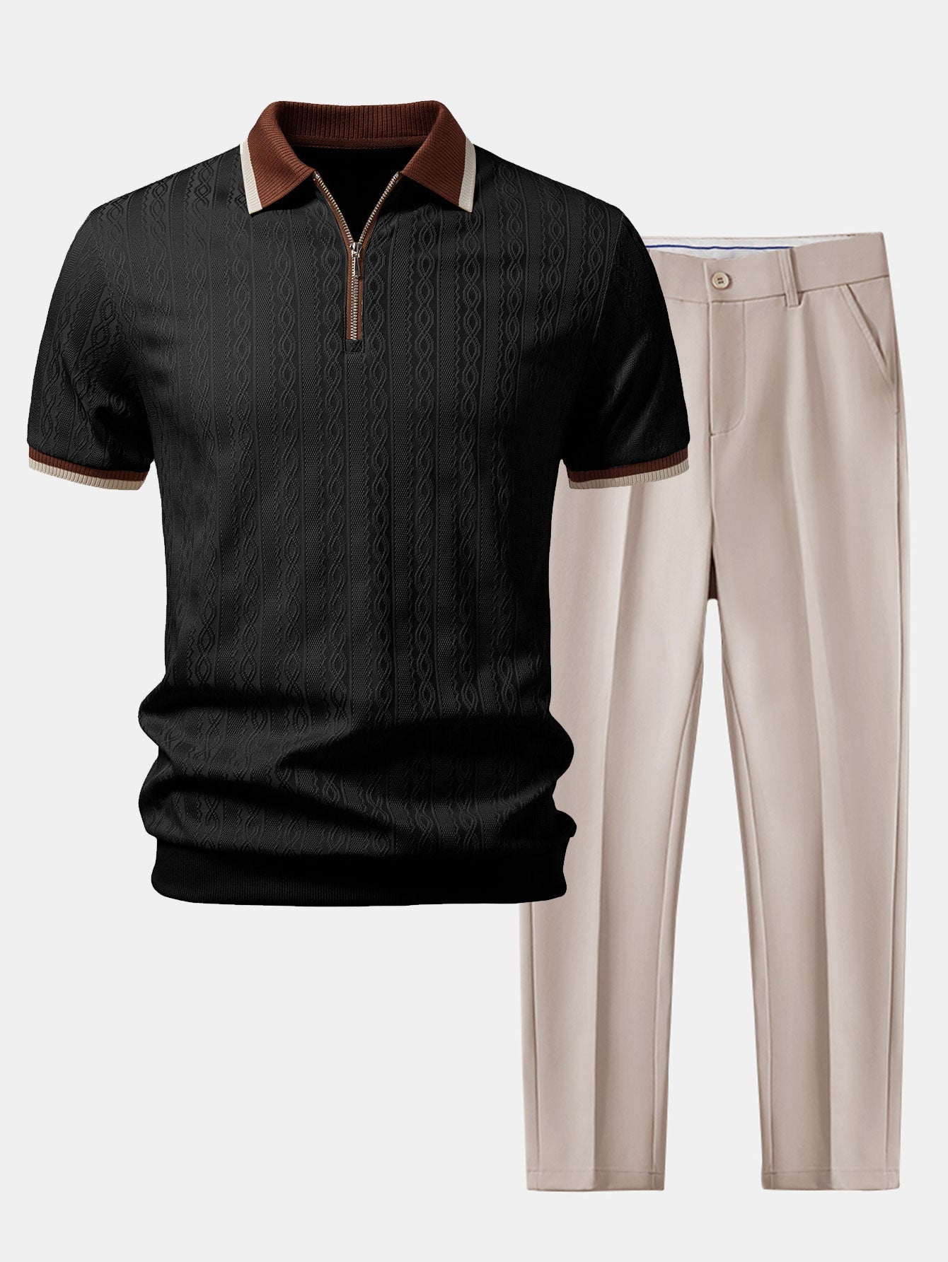 Polo de punto con cremallera texturizada y ribetes en contraste y pantalones ajustados de corte cónico