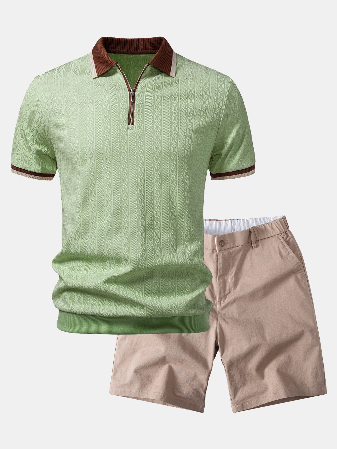 Polo de punto con cremallera texturizada y ribetes en contraste y pantalones cortos chino con cintura elástica