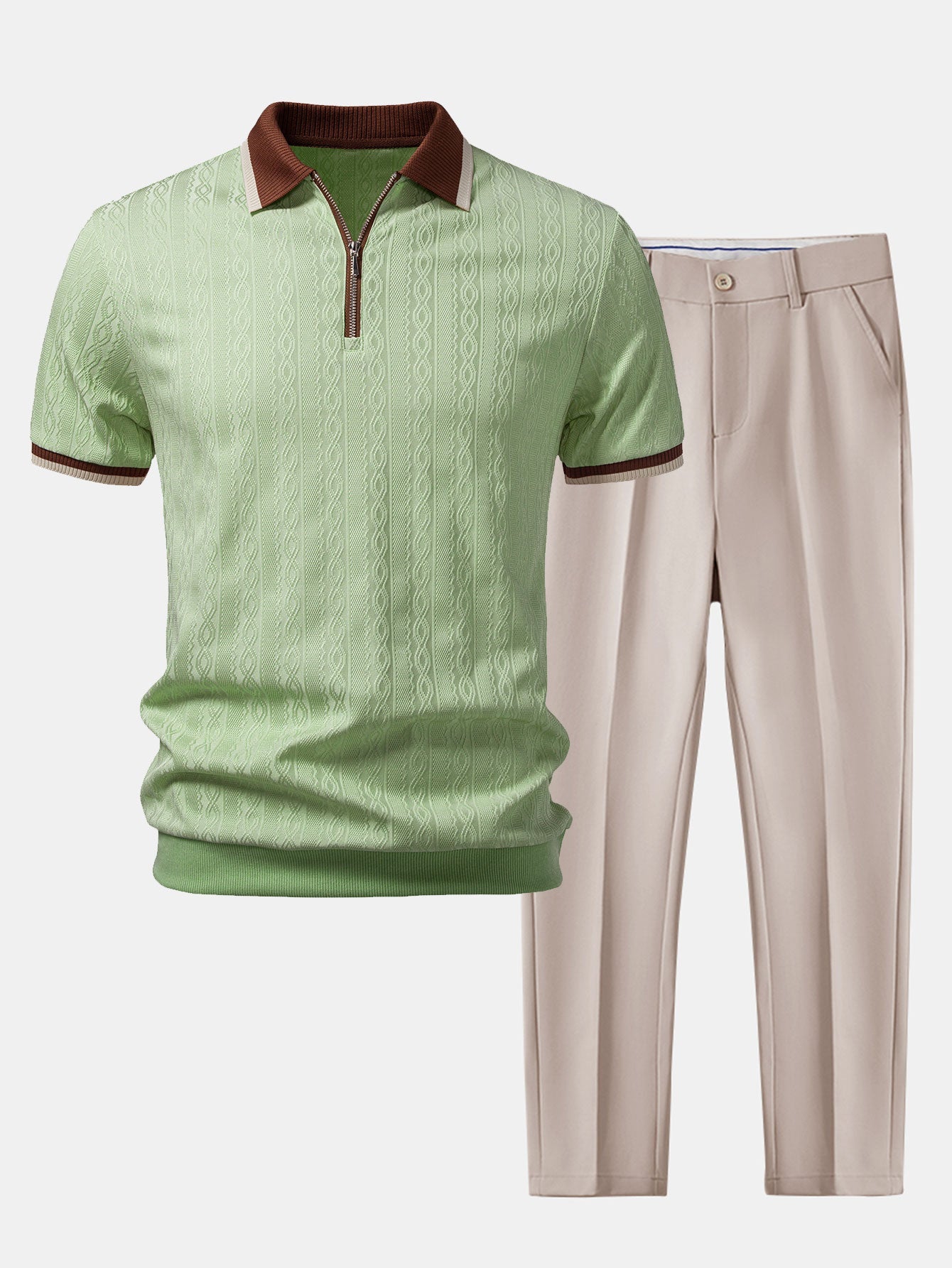 Polo de punto con cremallera texturizada y ribetes en contraste y pantalones ajustados de corte cónico