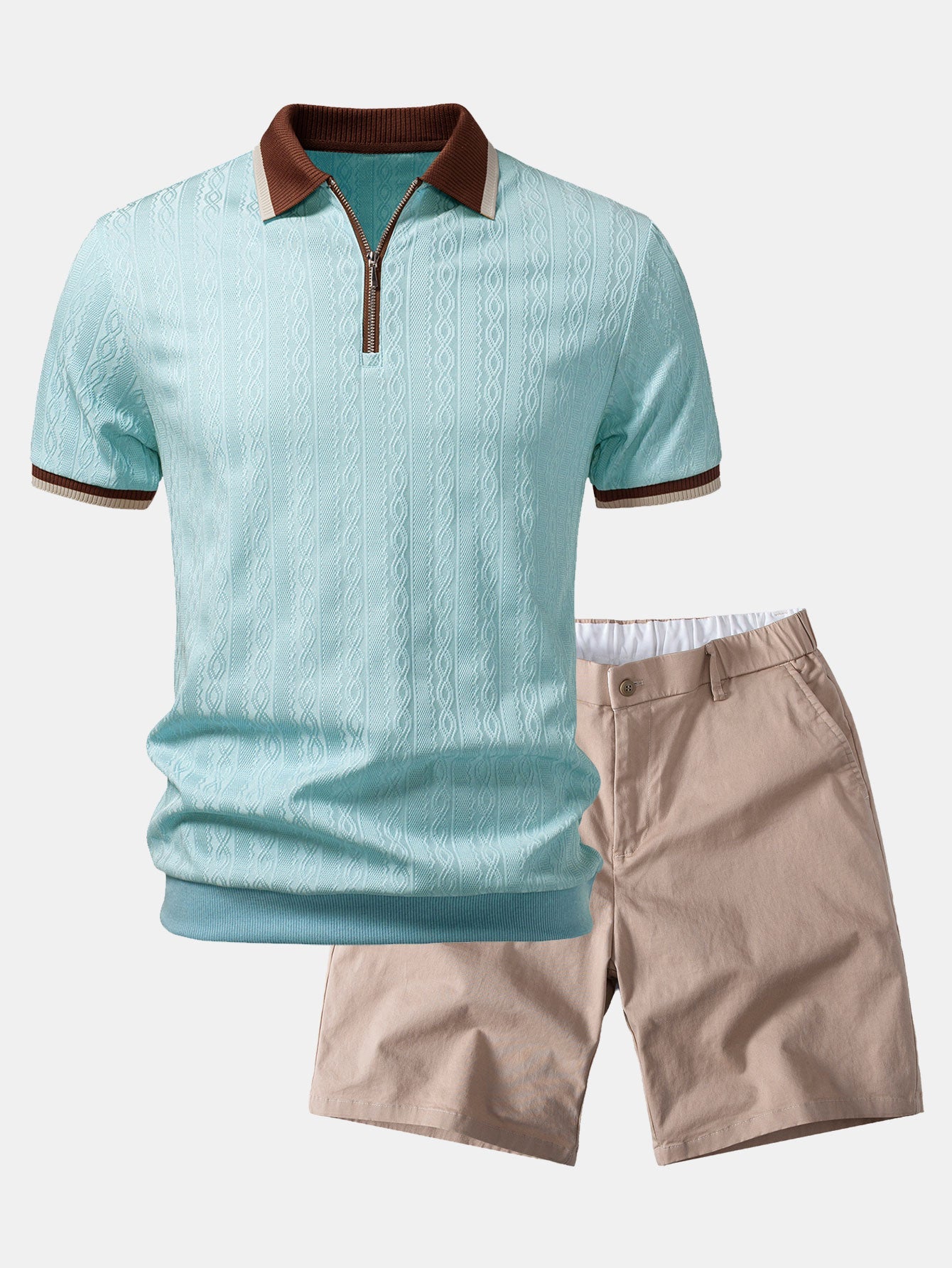 Polo de punto con cremallera texturizada y ribetes en contraste y pantalones cortos chino con cintura elástica