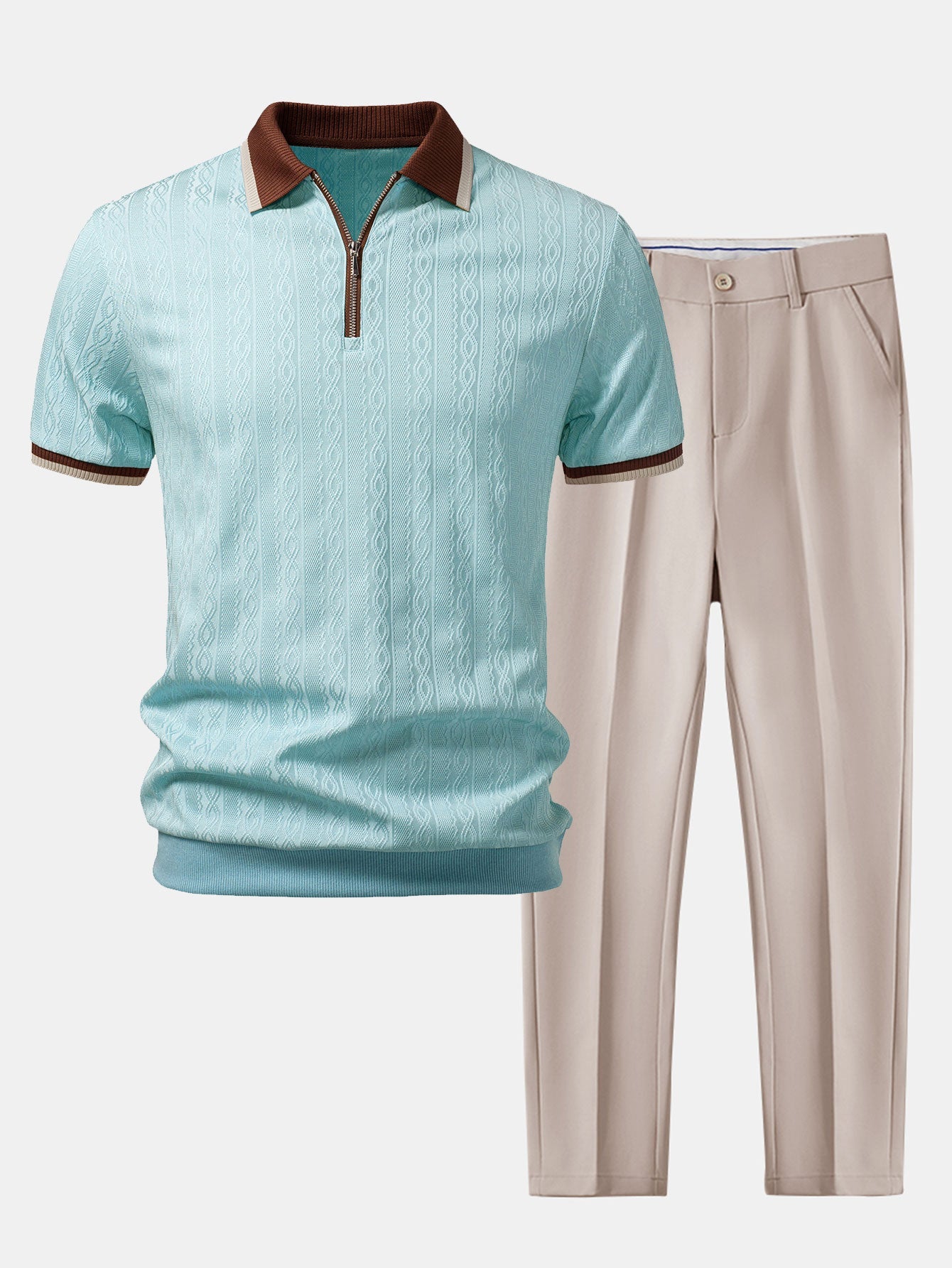 Polo de punto con cremallera texturizada y ribetes en contraste y pantalones ajustados de corte cónico