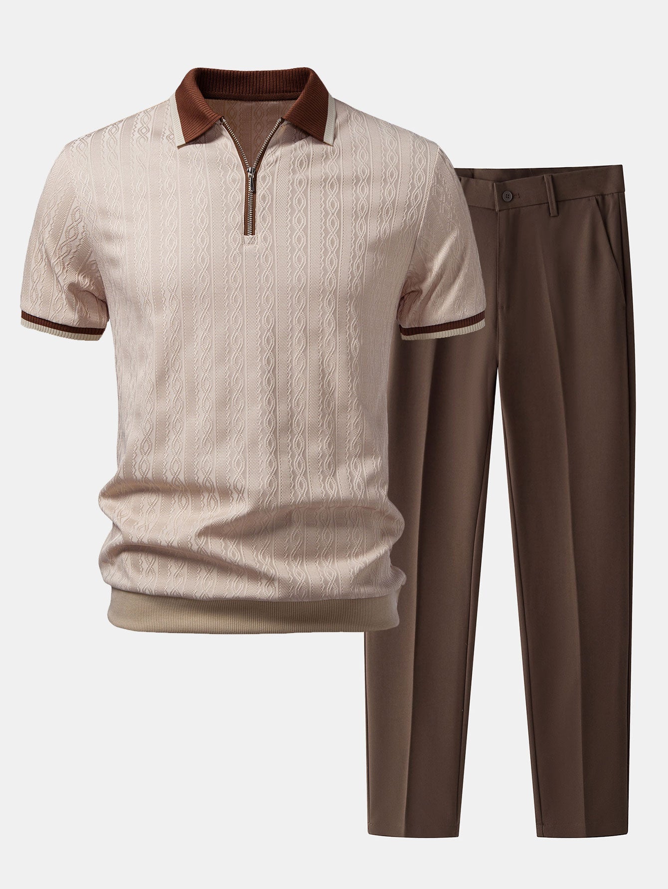 Polo de punto con cremallera texturizada y ribetes en contraste y pantalones ajustados de corte cónico