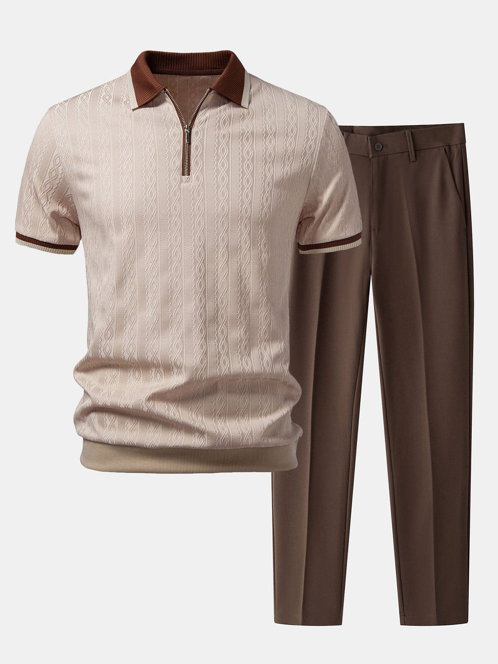 Polo de punto con cremallera texturizada y ribetes en contraste y pantalones ajustados de corte cónico