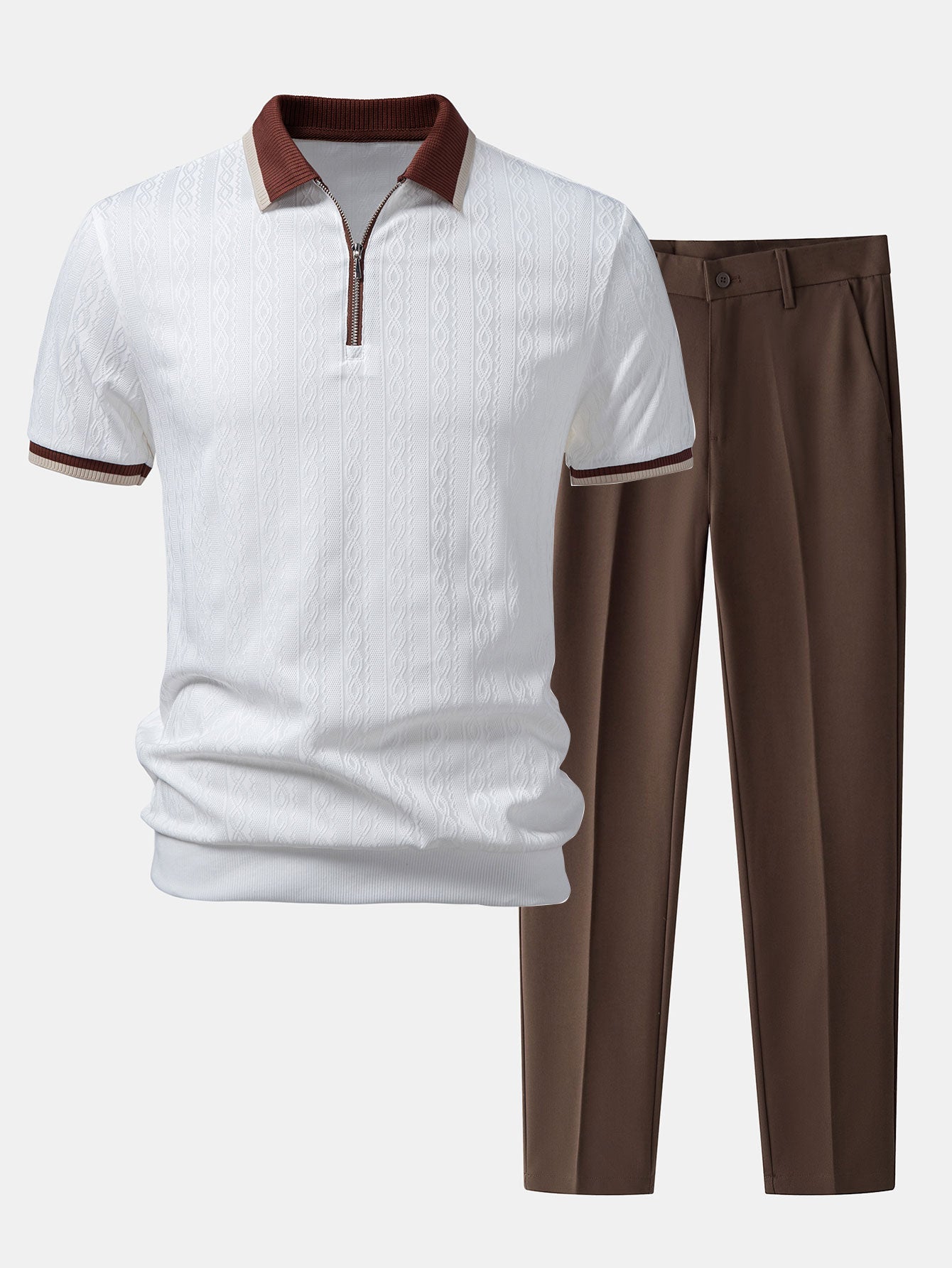 Polo de punto con cremallera texturizada y ribetes en contraste y pantalones ajustados de corte cónico