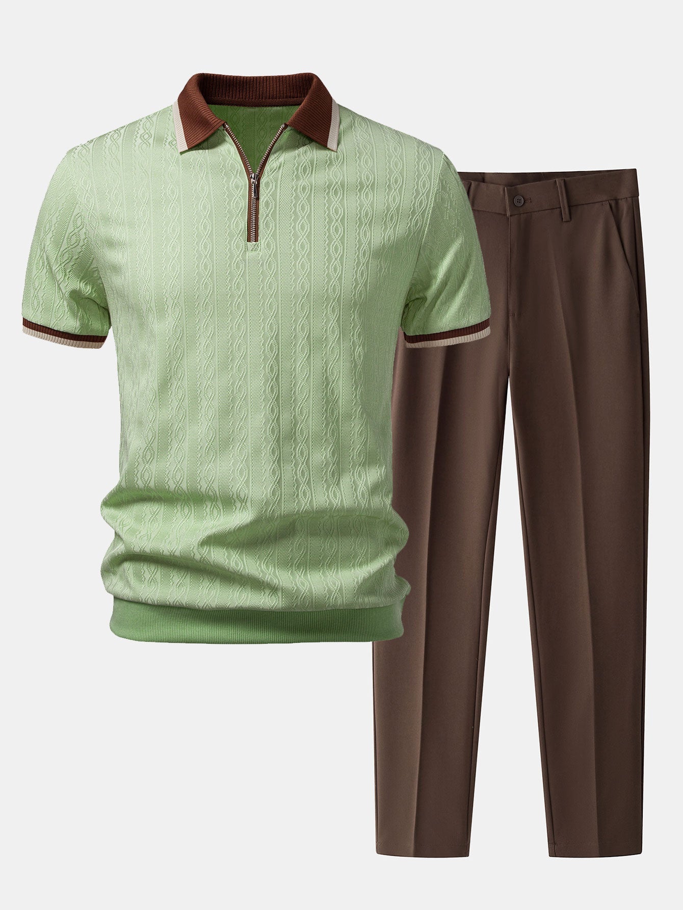 Polo de punto con cremallera texturizada y ribetes en contraste y pantalones ajustados de corte cónico