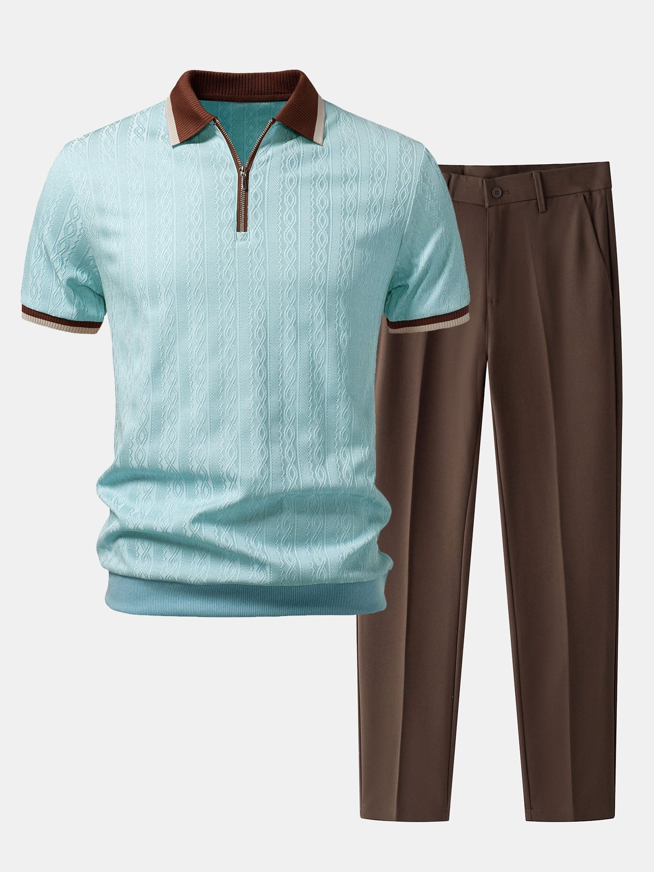 Polo de punto con cremallera texturizada y ribetes en contraste y pantalones ajustados de corte cónico