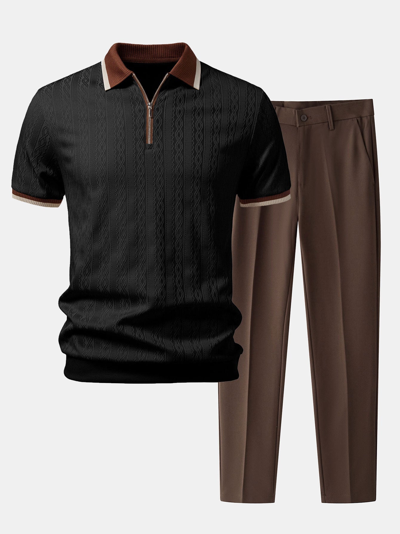 Polo de punto con cremallera texturizada y ribetes en contraste y pantalones ajustados de corte cónico