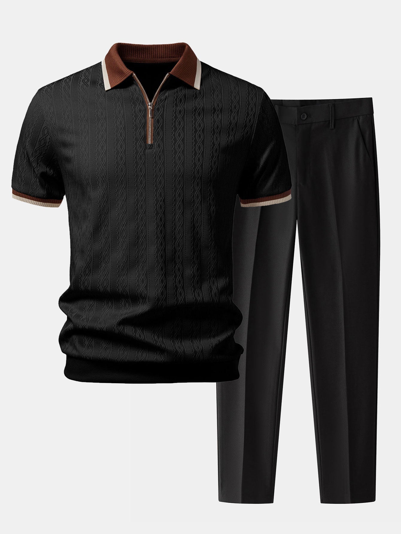 Polo de punto con cremallera texturizada y ribetes en contraste y pantalones ajustados de corte cónico