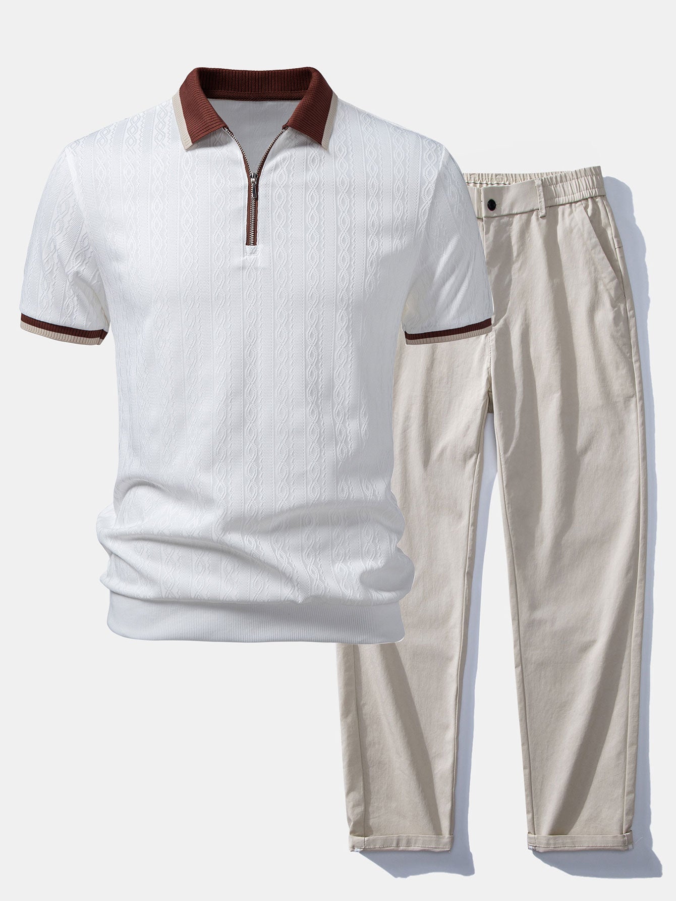 Polo de punto con cremallera texturizada y ribetes en contraste, y pantalones de corte recto con cintura elástica