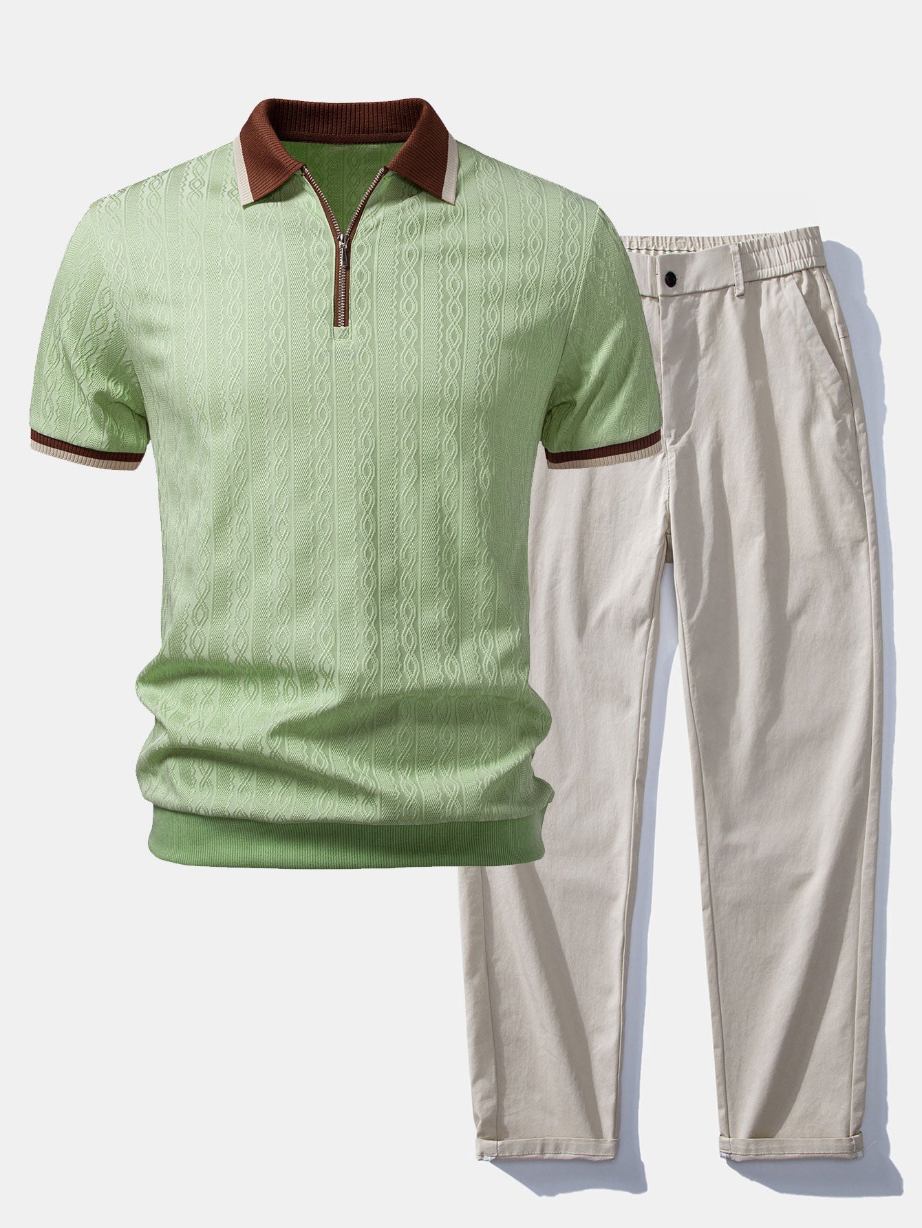 Polo de punto con cremallera texturizada y ribetes en contraste, y pantalones de corte recto con cintura elástica