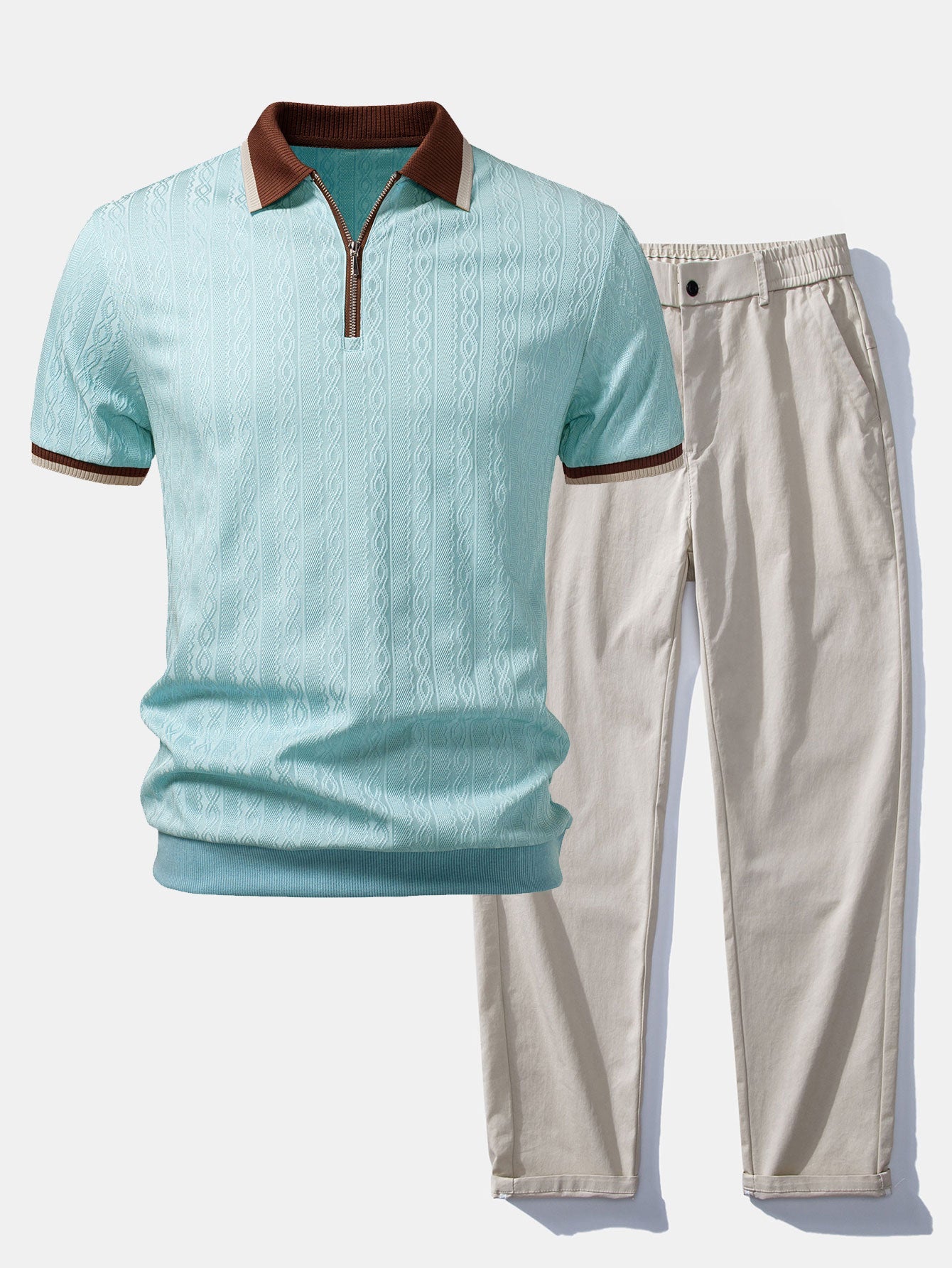 Polo de punto con cremallera texturizada y ribetes en contraste, y pantalones de corte recto con cintura elástica