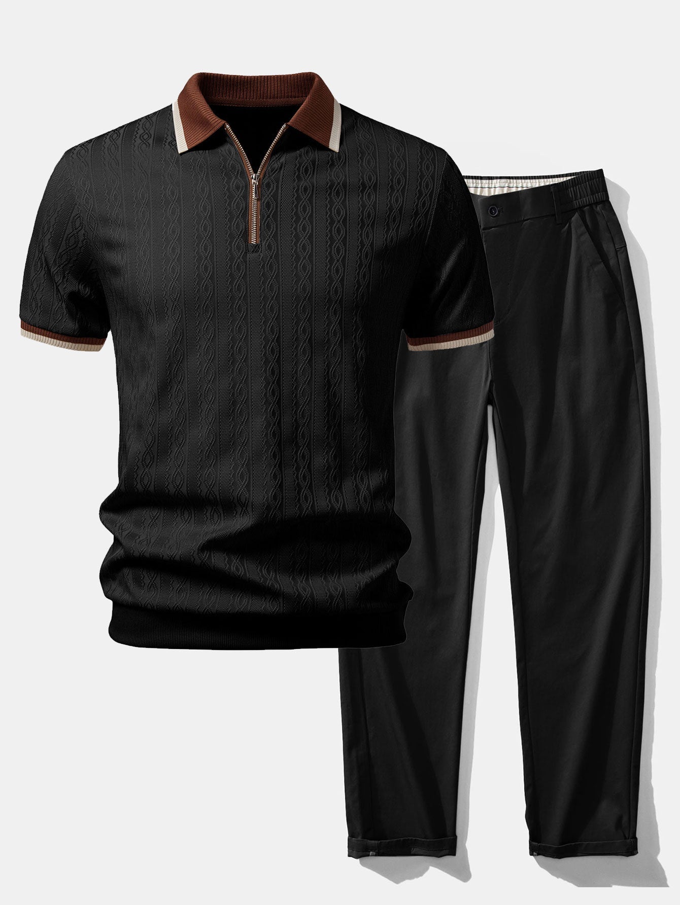 Polo de punto con cremallera texturizada y ribetes en contraste, y pantalones de corte recto con cintura elástica