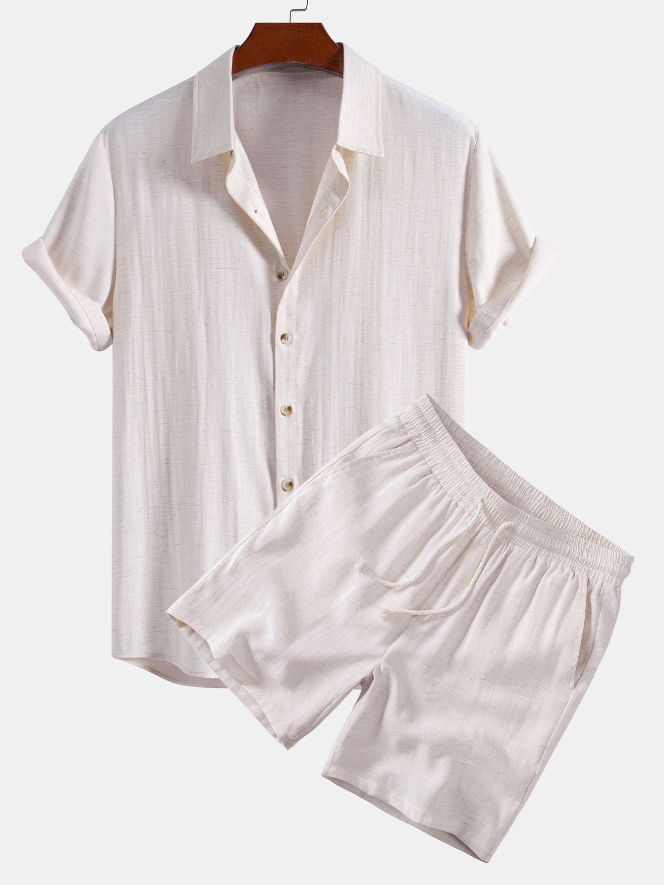 Camisa abotonada de mezcla de lino y rayón y pantalones cortos con cordón de 7