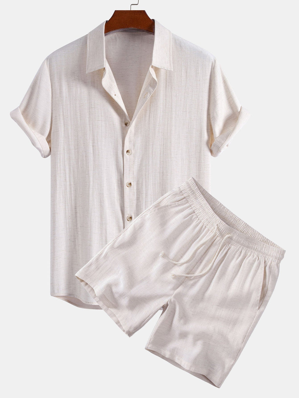 Camisa abotonada de mezcla de lino y rayón y pantalones cortos con cordón de 7"