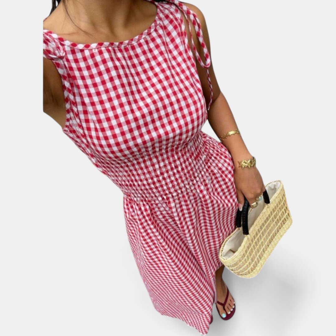 PERNETTE™ – Vestido midi de vichy con cintura fruncida