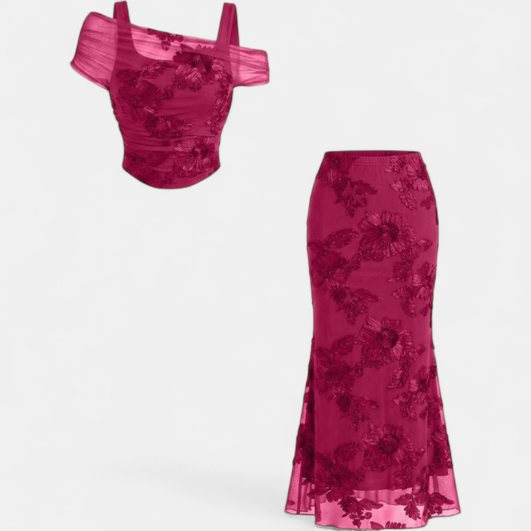 Conjunto de vestido largo de sirena en malla bordada, escote off-shoulder, para mujer