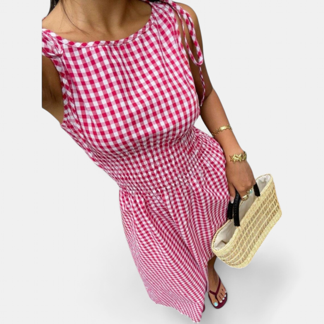 PERNETTE™ – Vestido midi de vichy con cintura fruncida