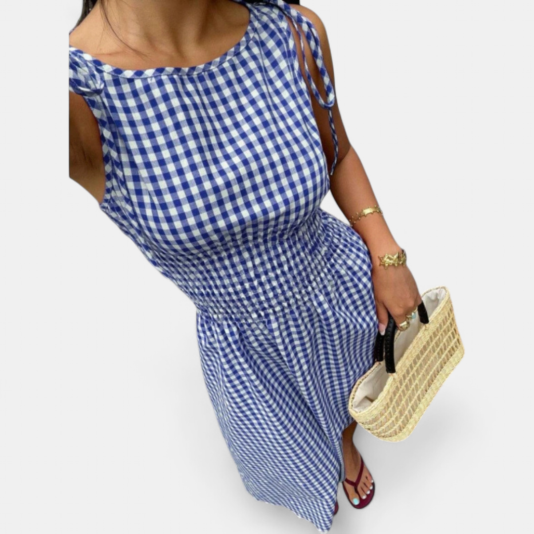 PERNETTE™ – Vestido midi de vichy con cintura fruncida
