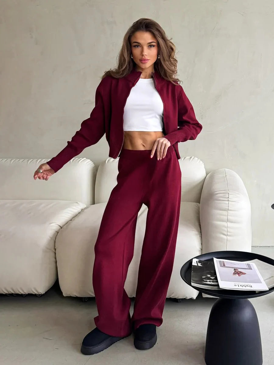 Conjunto de Bornladies para mujer: cárdigan nuevo de punto con cremallera y pantalones de pierna ancha, tejido suave, corte corto y cintura elástica. Jersey de moda para otoño-invierno.