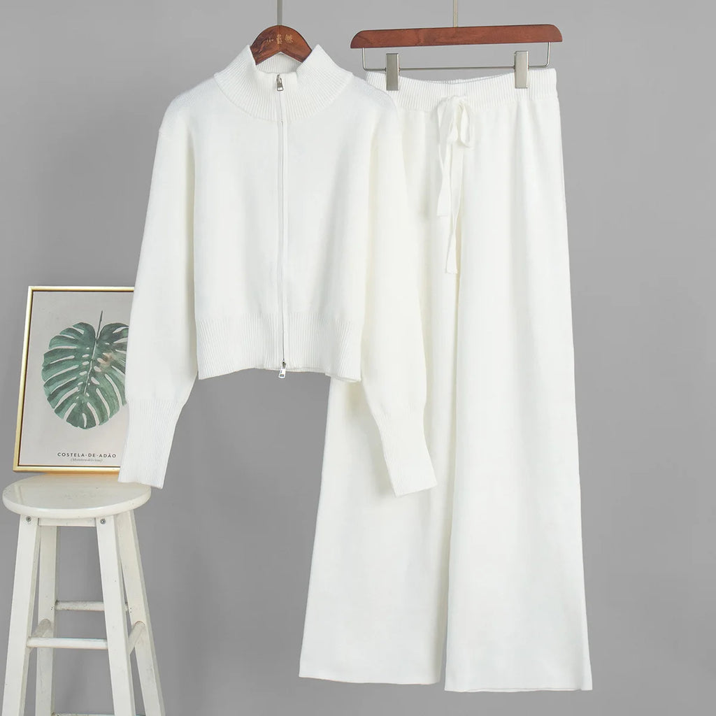 Conjunto de Bornladies para mujer: cárdigan nuevo de punto con cremallera y pantalones de pierna ancha, tejido suave, corte corto y cintura elástica. Jersey de moda para otoño-invierno.